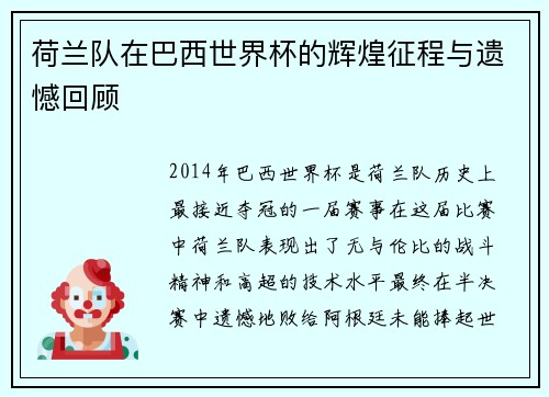 荷兰队在巴西世界杯的辉煌征程与遗憾回顾